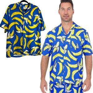 Uzzi M Men’s Banana Print Blue and Yellow Casual Button Up Shirt